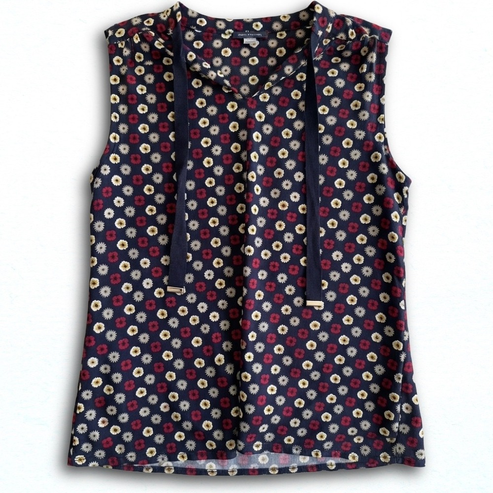Tommy Hilfiger Womens Navy Blue Floral Sleeveless Tie Neck Blouse Size M